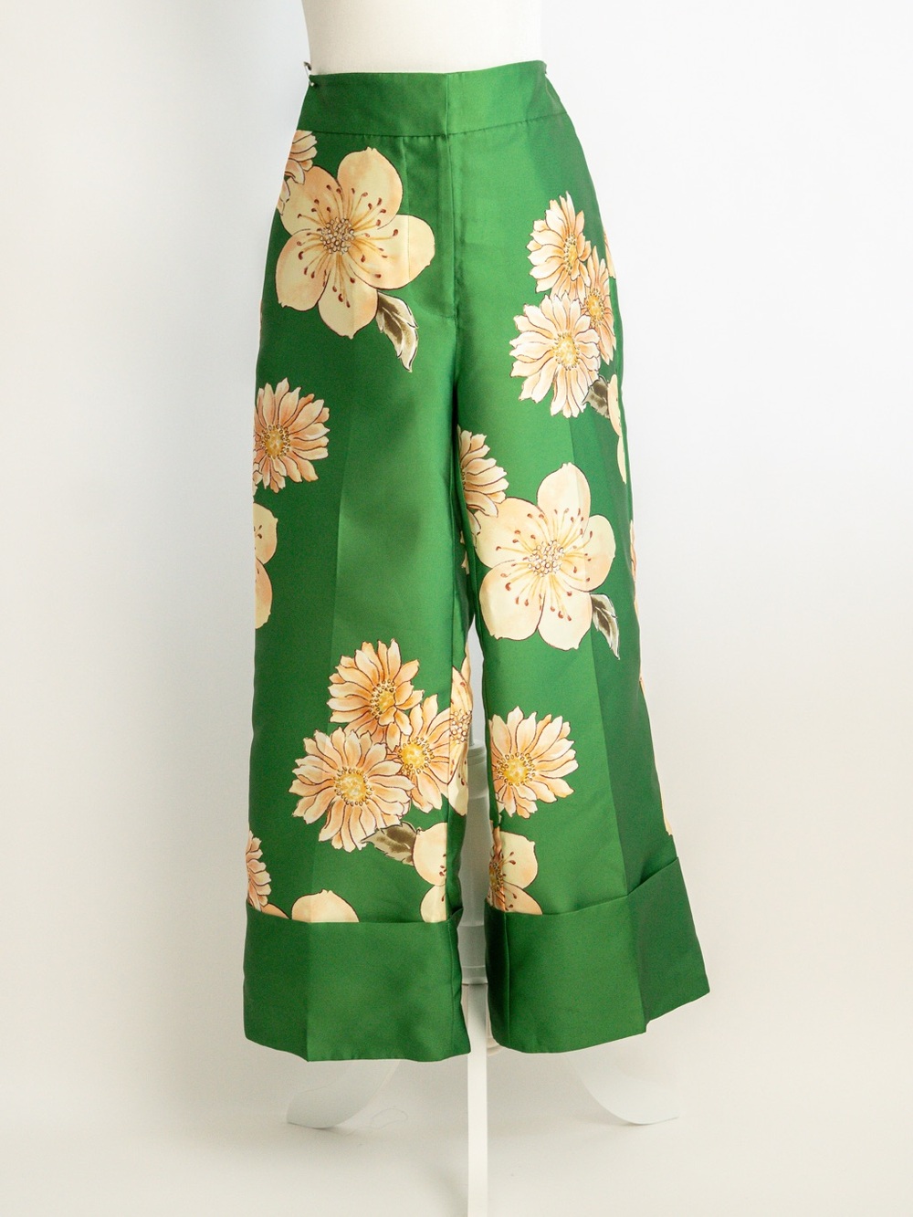 Alemais Green Floral Wide-Leg Silk Pants with Yellow Blooms